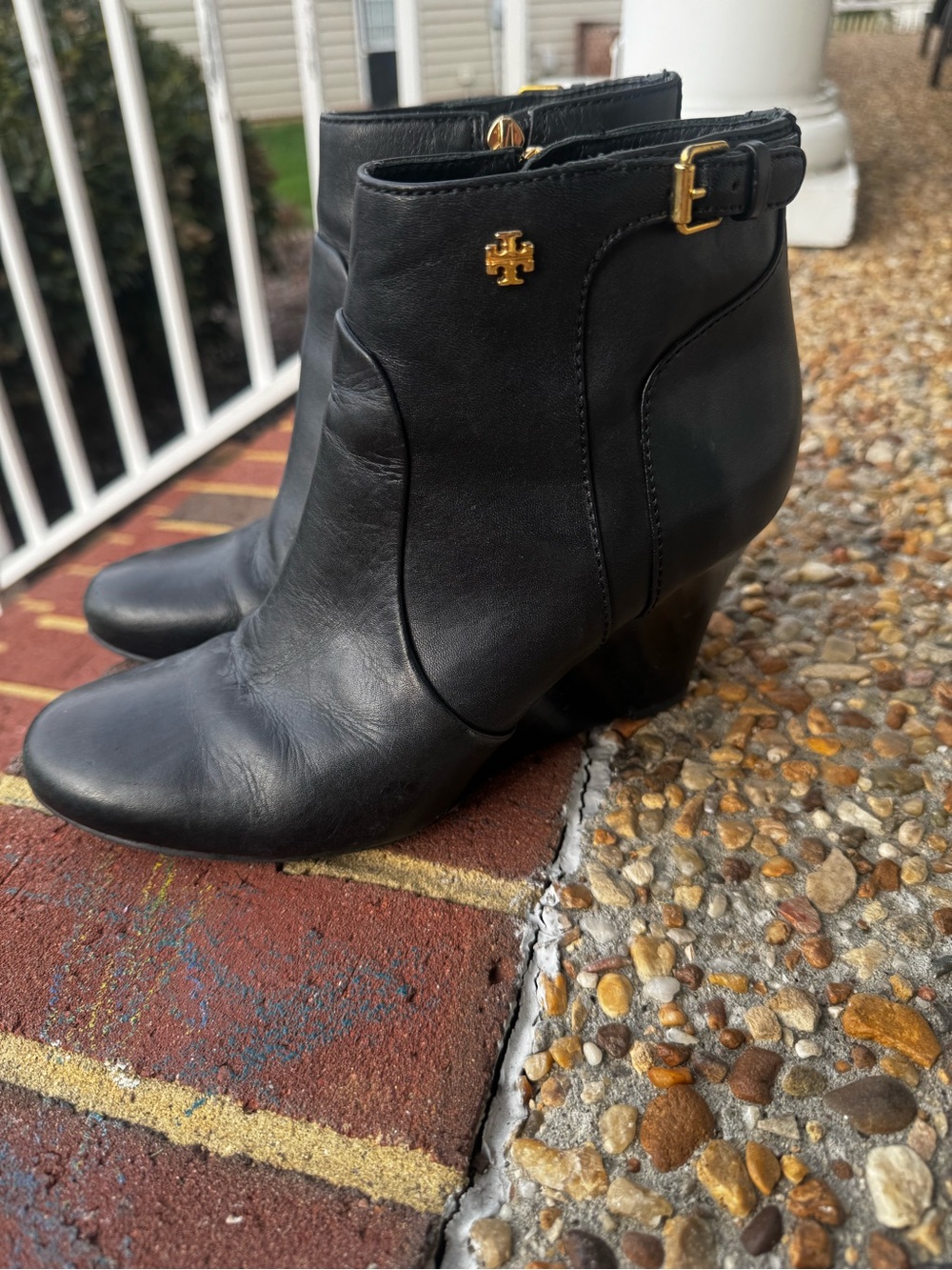 Tory Burch Black Leather Ankle Booties with Gold Emblem & Buckle